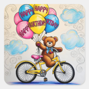 Teddy Bär auf dem Fahrrad mit Ballons Quadratischer Aufkleber