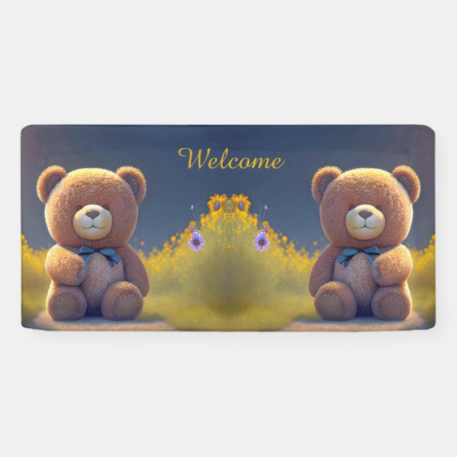 Teddy Bär auf der Wiese, niedliche Babydusche Banner (Horizontal)