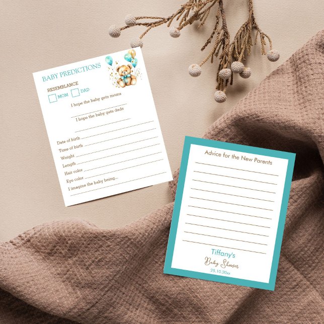 Teddy Bär Baby Dusche Babypräzeration Ratschläge (Teddy bear baby shower Baby predictions and advice card bearly wait cute teddy aqua blue brown games)