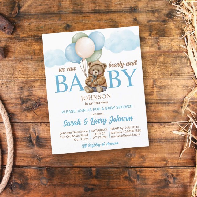 Teddy Bär Baby Dusche Budget einladen frühzeitig w (Teddy bear with balloons baby shower budget invitation template cute teddy with balloons brown blue)