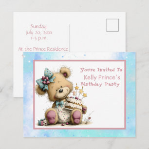Teddy-Bär-Baby-Mädchen-Geburtstags-Einladung Postkarte