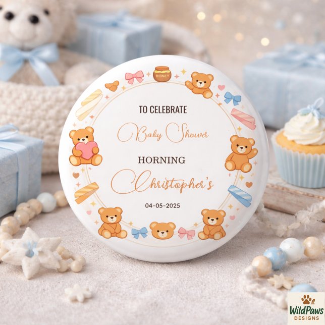 Teddy-Bär-Baby-Party Junge | Süßer blauer Bär Button (Teddy Bear Baby Shower Boy | Cute Blue Bear Button
)