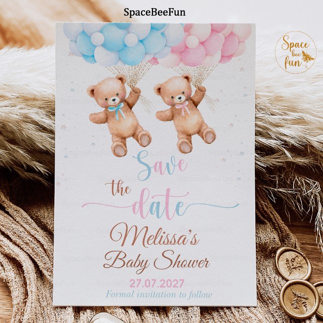 Teddy Bär Baby Shower Gender Reveal Save the Date Einladung (teddy bear baby shower,save the date,baby shower  Gender Reveal,bear invitation,boho bohemian bear,w)