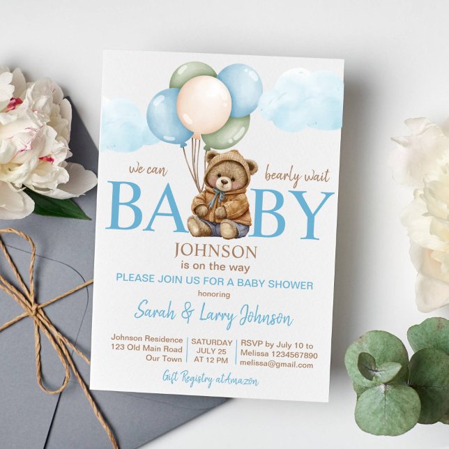 Teddy Bär Babydusche warten niedlichen Teddy Einladung (Teddy bear baby shower invitation template bearly wait bear with balloons clouds instant download)