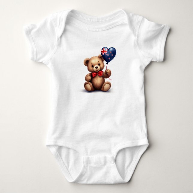 Teddy Bär & Ballon mit der Flagge Neuseelands. Baby Strampler (Vorderseite)