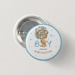 Teddy Bär Ballons Blau Baby Junge Shower Geschenk Button