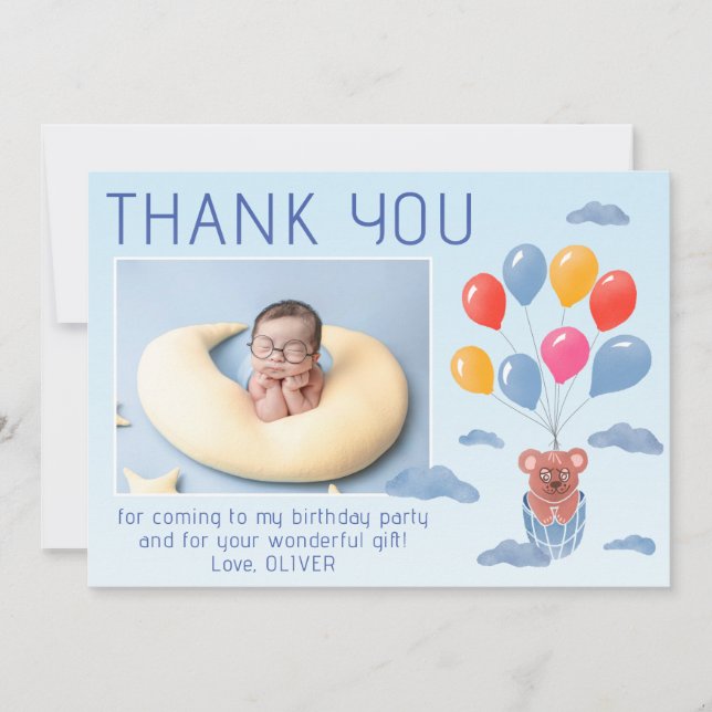 Teddy Bar Balloons Kinder Foto Geburtstag Dankeskarte (Vorderseite)