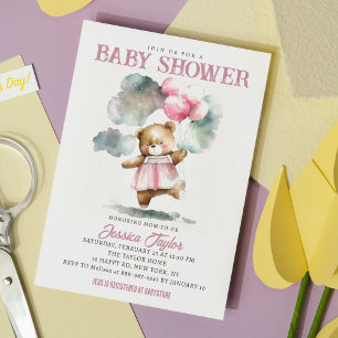 Teddy-Bär-Balloons-Wolken-Mädchen-Baby-Party Einladung