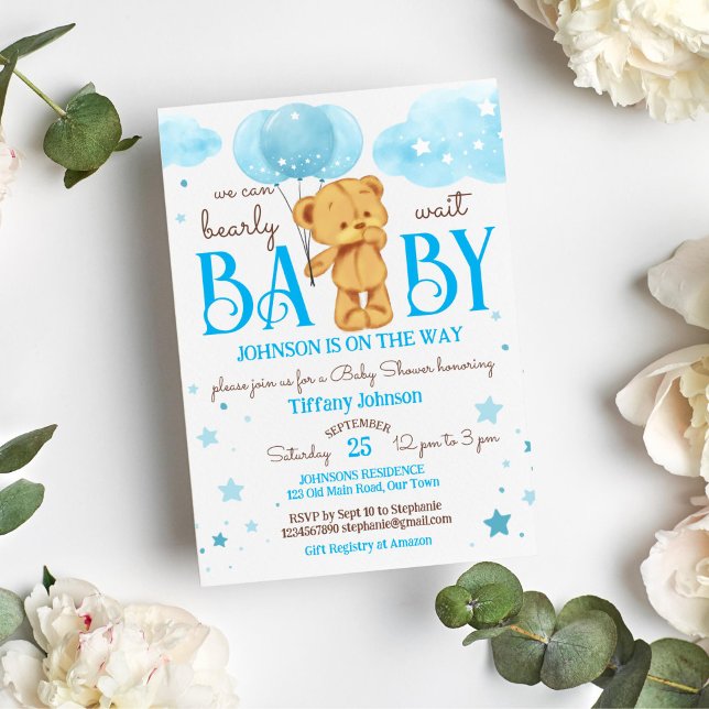 Teddy Bär Bär warten blau und braun Babydusche Einladung (Teddy bear bearly wait baby shower template invitation instant download it's a boy blue and brown)