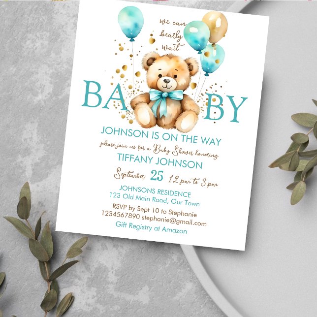 Teddy Bär Bear warten Baby Dusche Budget einladen (Bearly wait teddy bear baby shower budget affordable invitation cute teddy with a aqua blue balloons)