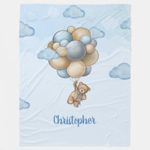Teddy Bär blau-braun-beige Ballons Babydusche Fleecedecke