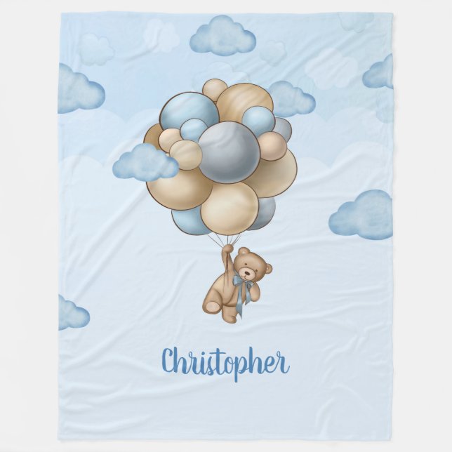 Teddy Bär blau-braun-beige Ballons Babydusche Fleecedecke (Vorderseite)