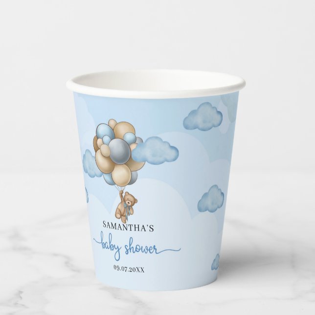 Teddy Bär blau-braun-beige Ballons Babydusche Pappbecher (Vorderseite)