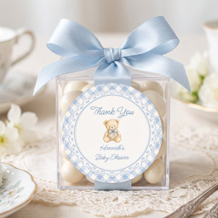 Teddy Bär Blau Gingham Baby Shower Runder Aufkleber