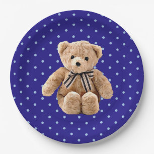Teddy-Bär Blau und Beige Gepunkteter Party-Teller Pappteller