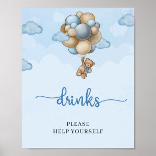 Teddy Bär blaubraune Ballons Drink Tafelschild Poster