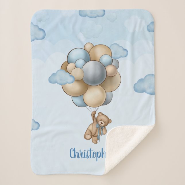 Teddy Bär blaubraune beige Ballons personalisiert Sherpadecke (Vorderseite)