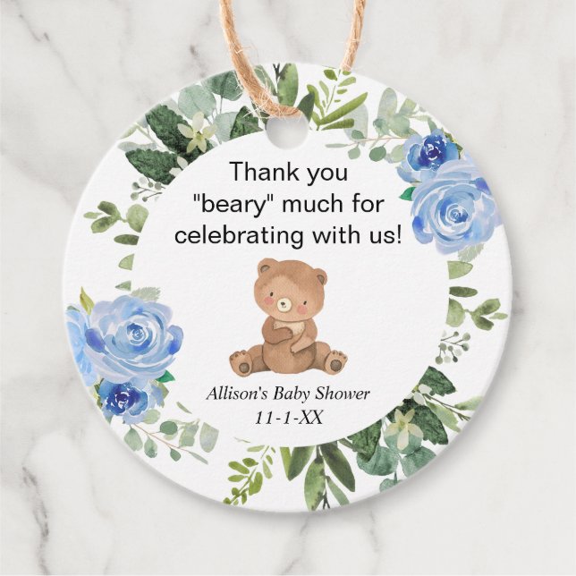 Teddy Bär blaue Blumengrün Babydusche Geschenkanhänger (Vorderseite)