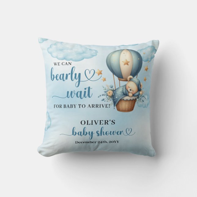 Teddy Bär blauer brauner Elfenbein Heißluftballonj Kissen (Vorderseite)