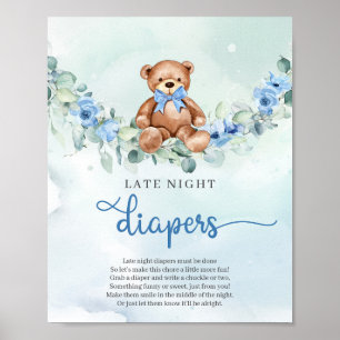 Teddy Bär blaues Blütenspiel Spate Night Diapers Poster