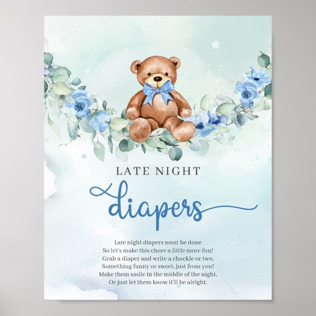 Teddy Bär blaues Blütenspiel Spate Night Diapers Poster (Vorne)