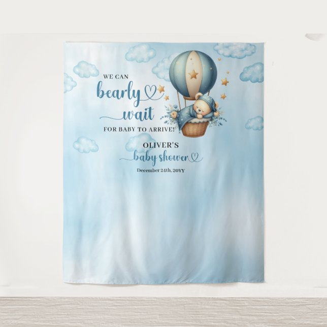 Teddy Bär bläulich-beige Heißluftballonjunge Wandteppich (Vorderseite)