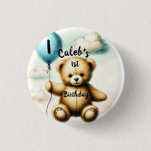 Teddy-Bär-Blue-Ballon 1. Geburtstagsfeier Button