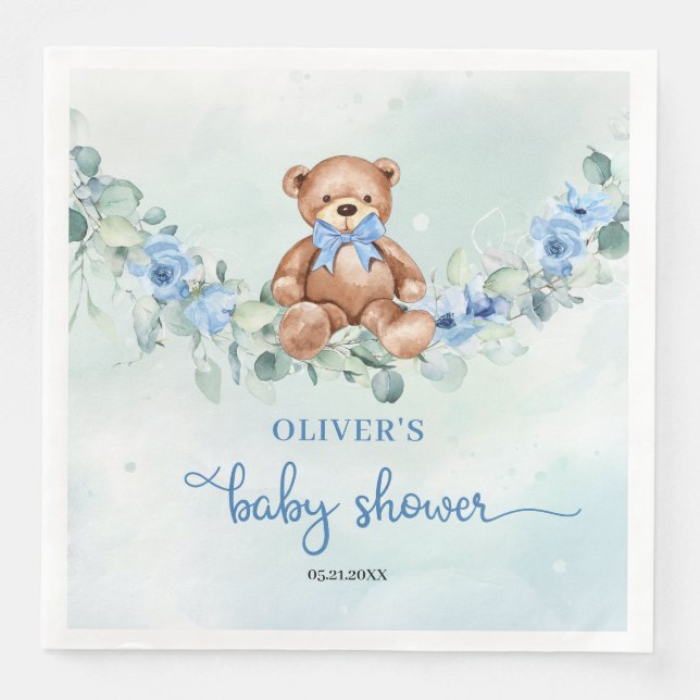 Teddy Bär Blue Blume Eukalyptus Junge Babydusche Serviette (Vorderseite)