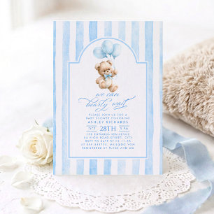 Teddy Bär Elegante Pastellblaue Streifen Baby Show Einladung
