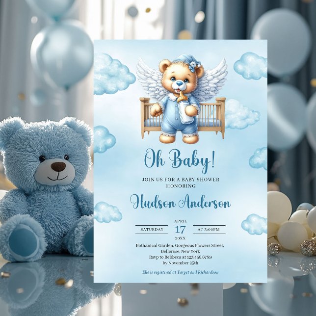 Teddy Bär Engel Flügel mit Baby Crib Einladung (teddy bear angel in  baby crib - boy baby shower invitation)