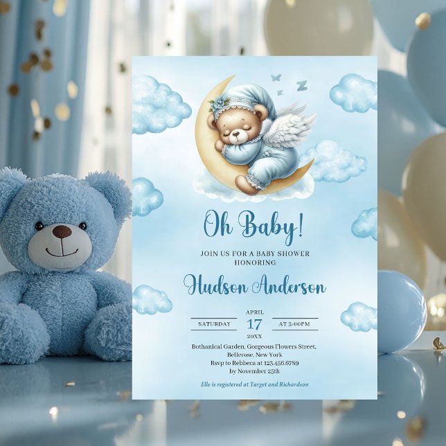 Teddy Bär Engel Flügel schlafen über den Mond Einladung (teddy bear sleeping over the moon with wings boy baby shower invitation)