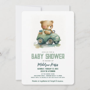 Teddy-Bär fährt Spielzeugauto Blau Baby Shower Einladung