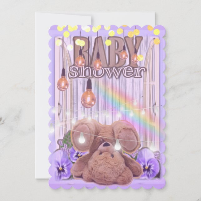 Teddy Bär gold Glitzer Lichter lila Babydusche Einladung (Vorderseite)