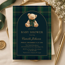 Teddy-Bär-Grün-Kariert-Baby-Shower-Einladung