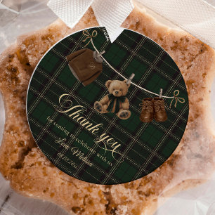 Teddy Bär Grün Tartan Baby Shower Runder Aufkleber