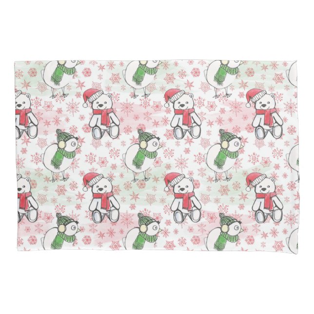 Teddy-Bär mit Aquarellfarbe und Birdie Weihnachten Kissenbezug (Vorderseite)