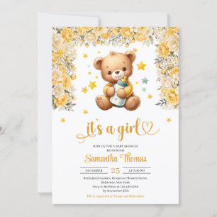 Teddy Bär mit Baby Flasche gelbe Blumen Mädchen Einladung