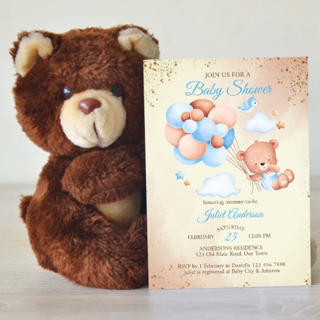 Teddy Bär mit Ballons Babydusche Einladung (Von Creator hochgeladen)