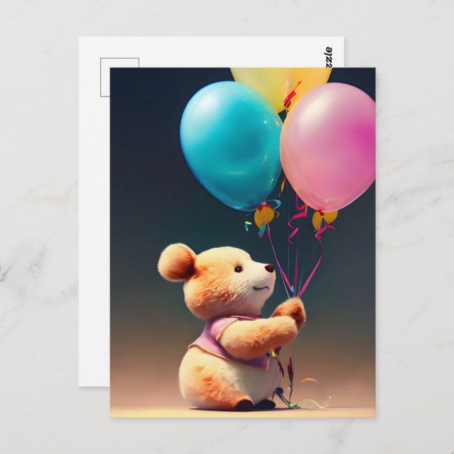 Teddy Bär mit Ballons, Postüberquerung Postkarte (Vorne/Hinten)