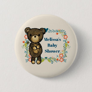 Teddy Bär mit Blumenschmuck Baby Dusche Button