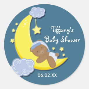 Teddy-Bär-Mond-und-Sterne-Baby-Shower-blauer-Aufkl Runder Aufkleber