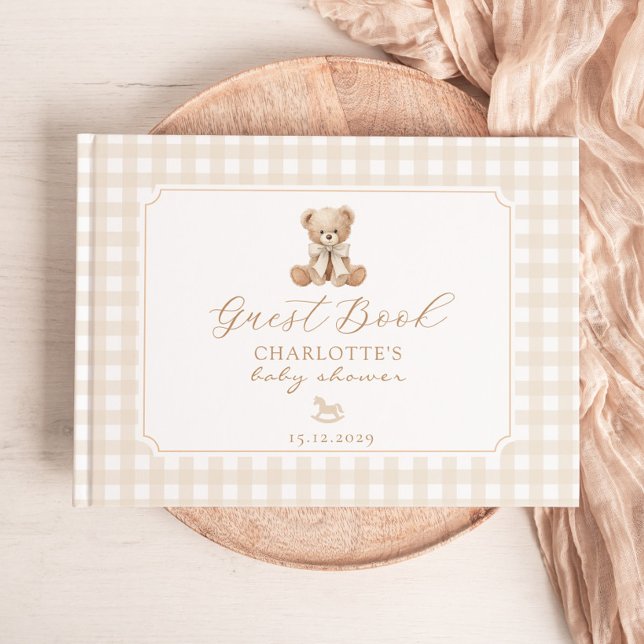 Teddy-Bär Neutral Gingham Babyshower Gästebuch (Von Creator hochgeladen)
