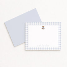 Teddy-Bär-Notizkarte mit blauem Gingham im präppy-
