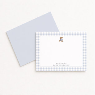 Teddy-Bär-Notizkarte mit blauem Gingham im präppy- Einladung