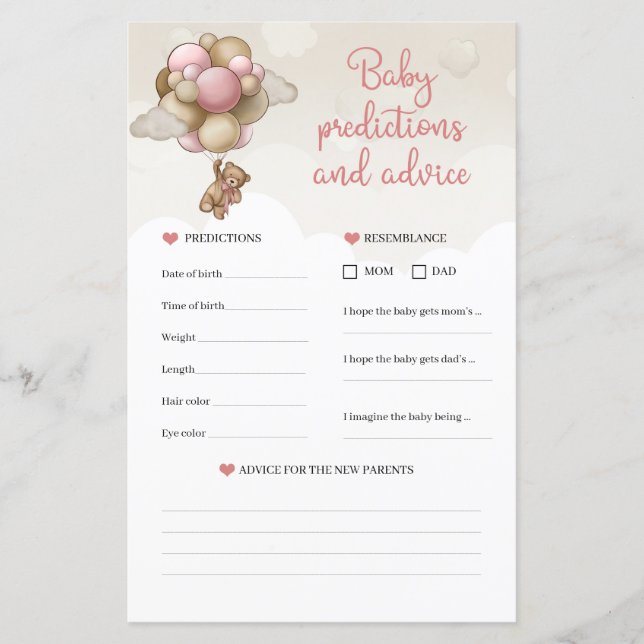 Teddy Bär pink Baby Predictions and Advice game (Vorderseite)