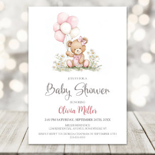 Teddy-Bär Rosa Luftballons Babyparty-Einladung Einladung