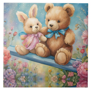 Teddy Bär und Bunny im Pastellgarten Fliese