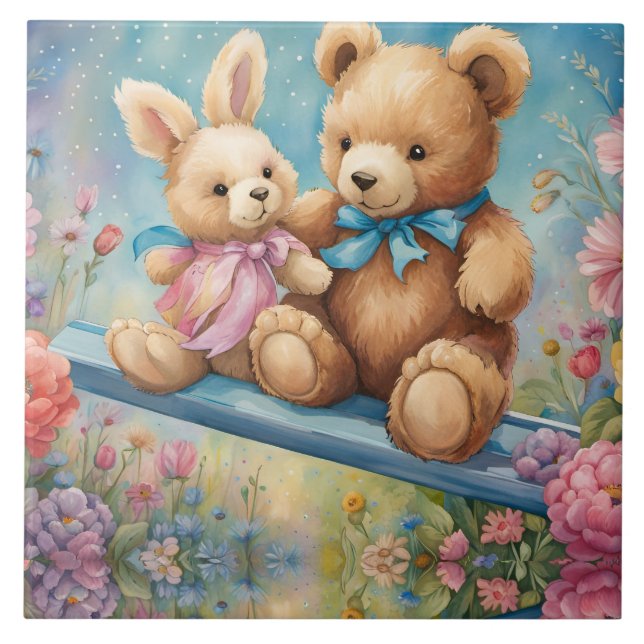 Teddy Bär und Bunny im Pastellgarten Fliese (Vorderseite)