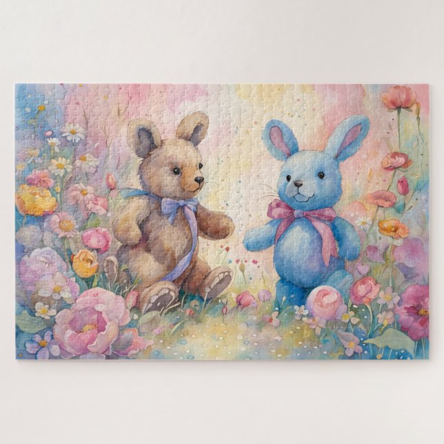 Teddy Bär und Bunny im Pastellgarten Puzzle (Horizontal)
