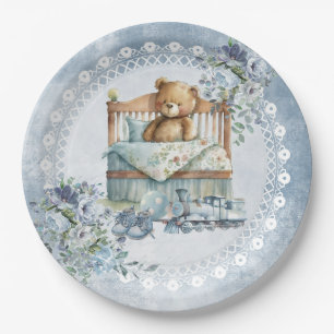 Teddy Bär und duckige blaue Blumen Junge Dusche Pappteller